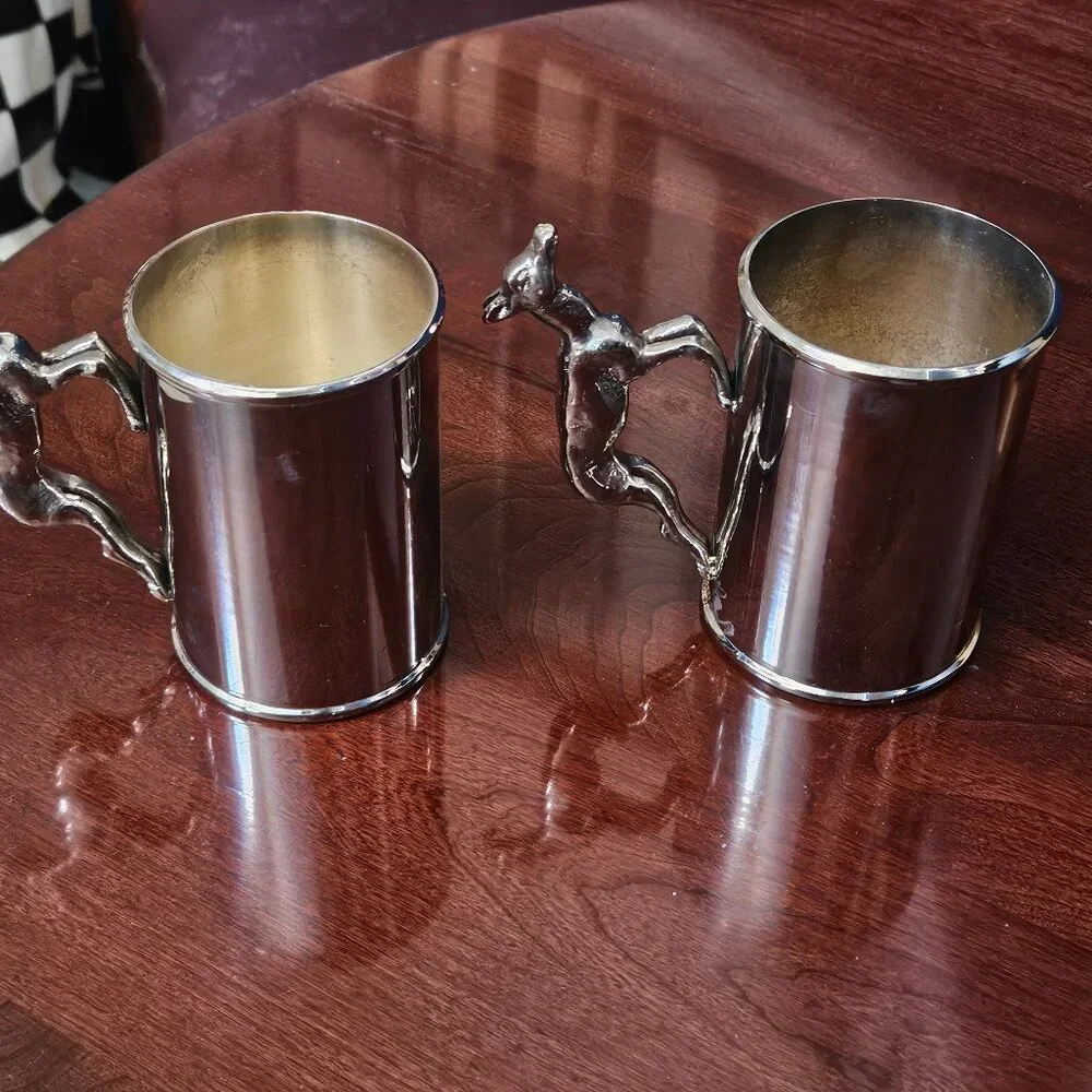 2 LUXURY VINTAGE RARE ESTATE GUCCI TANKARD SILVER PLATE DEER BEER STEIN CUP MUG